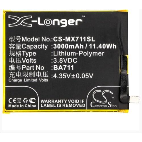 Cameron Sino 3000mAh battery for MEILAN M6 M6 Dual SIM Dual SIM TD-LTE M711C M711M M711Q BA711 for MEIZU Blue Charm 6 M6