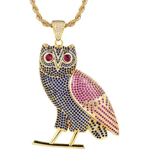 Bling Bling Owl Necklace&Pendant with Stainless Steel Chain Gold Silver Color Cubic Zircon Mens Women Hip Hop Jewelry for Gift