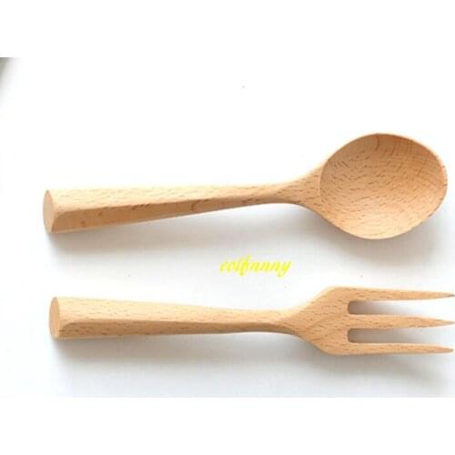 10pcs/lot Free Shipping 19cm Natural color Trigonometric handle Wooden spoon wood fork Tableware