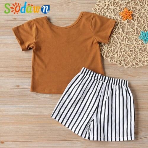 Sodawn Girl Clothes Suits Summer Short Sleeve+Pants Casual Kids Clothes Stripe Sets For 2-6Years Open Back Children Clothing
