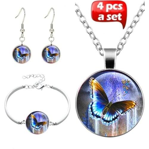 Tile Jewelry Butterfly Glass Cabochon Necklace Stud Earrings Bracelet Bangle Set Totally 4Pcs Tree Celestial Womens Jewelry Set