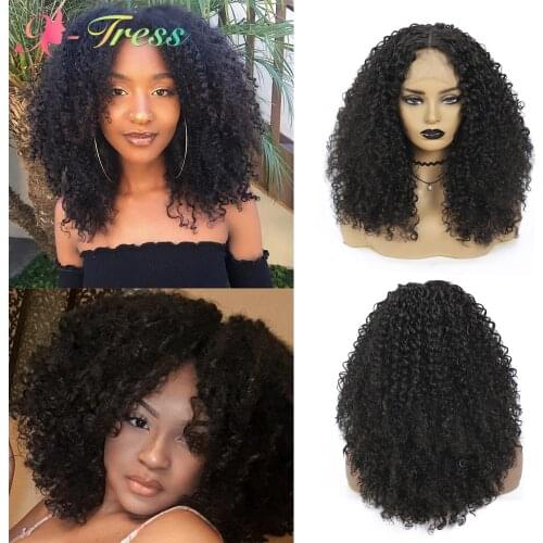 Kinky Curly Synthetic Lace Front Wigs for Black Women X-TRESS Natural Color Fluffy Glueless Middle Part Lace Wig with Baby Hair
