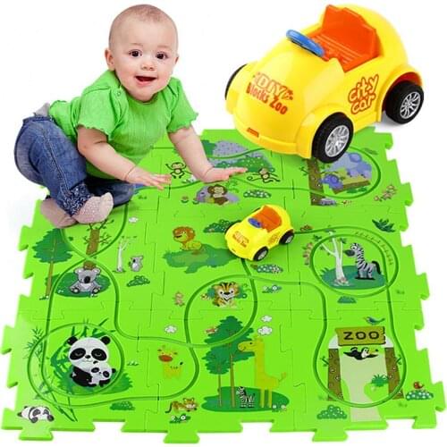 Mini Car Running Cartoon Animal Track Assembling Puzzles Map Education Toy Classic Baby Toys Infant Crawling Mat