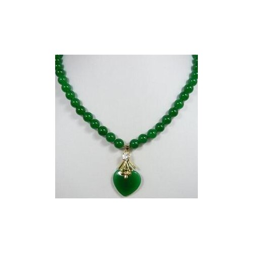 Noblest ladys 8mm green Natural jade necklace 17 inch + Heart Pendant