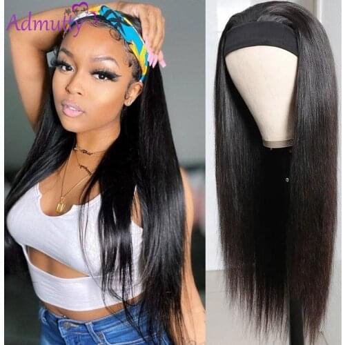 Headband Wig Human Hair Straight Peruvian Remy Full Machine Made Headband Wig For Women No Glue No Sew In Headband Scarf Wig
