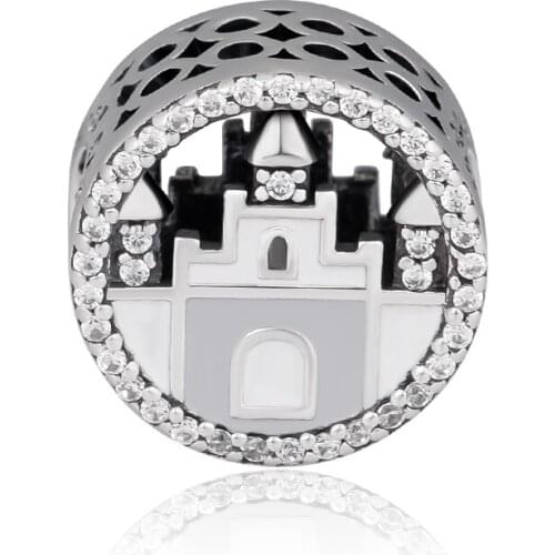 Fits Pandora Charms Bracelets Cinderella Castle Beads with White Enamel 100% 925 Sterling-Silver-Jewelry Free Shipping