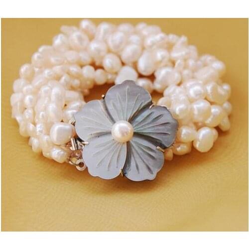 Stunning Pearl Jewellery,7-8mm White Handwork Natural Freshwater Pearl Bracelet,Shell Flower Clasp