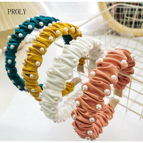 PROLY New Fashion Women Headband Pearls Pleated Polyester Hairband Solid Color Casual Headwear Fresh Hair Accessories Turban