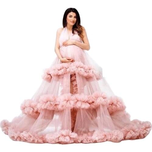 Pink Maternity Dress for Photoshoot Luxury Ruffles Chic Kimono Pregnant Party Sleepwear Women Bathrobe Nightgown Robe