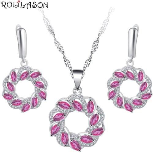 ROLILASON Pink Crystal Zircon Earrings / Necklace / Pendant / Fashion Anniversary Gift JS814