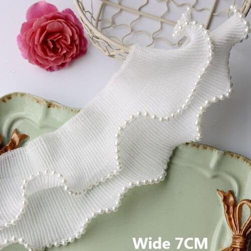 7CM Wide Double Frilled Chiffon Pleated Fabric Hand-stitched Beads Lace Collar Ruffle Trim Dress DIY Apparel Sewing Fringe Decor