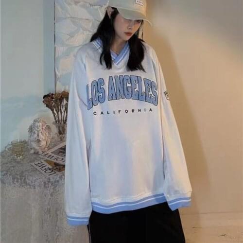 Retro Sweatshirt Oversize Women Men Harajuku V-neck 2021 Spring Fall Plus Size Hoodies Korean Style Loose Lovers Letter Shirt