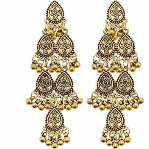 Vintage Gold Silver Color Metal Bells Tassel Drop Earrings for Women Boho Carved Flower Big oorbellen Ethnic Indian Party Gift
