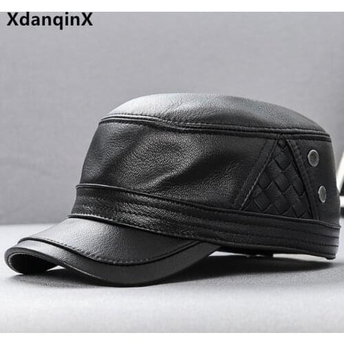 XdanqinX New Natural Genuine Leather Cap Army Military Hats For Men Adjustable Size Sheepskin Leather Hat Mens Brands Flat Caps