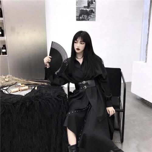 Womens Blouse Shirt Tops Long Sleeve Black Harajuku Baggy Gothic Punk With Belts Solid Color Dark Black Fashion