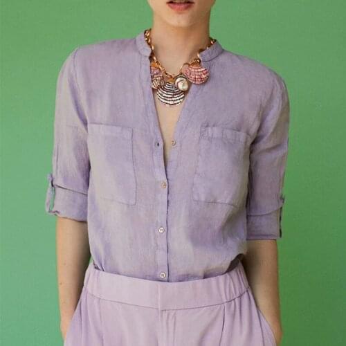 Za womens Lavender solid Linen Shirt V-neck single breasted long sleeve top with pocket womens fashion chic top
