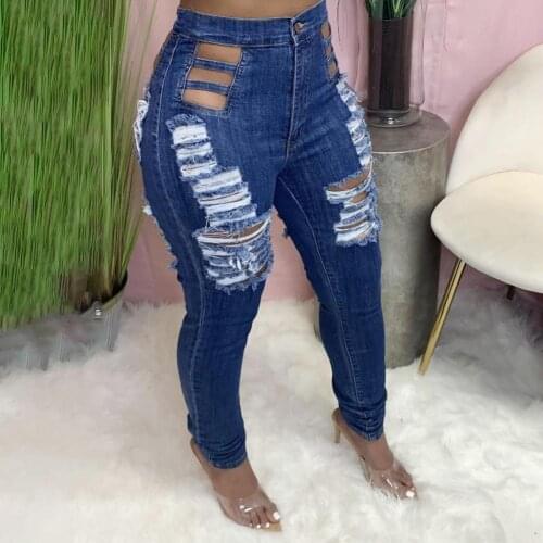 Women’s Ripped SlimSFit Jeans Fashion Solid Color Ripped Hole Tassel Stretch High Waist Denim Pencil Long Pants Streetwear Jeans