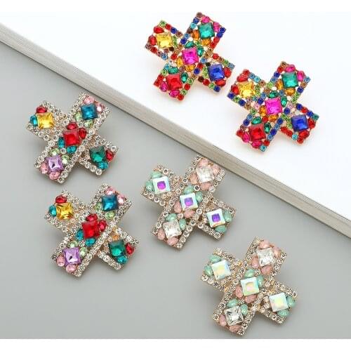 Ztech Colorful Crystal Stud Earrings For Women Girls Cross Shape High Quality Trendy Statement Fashion Jewelry Accessories