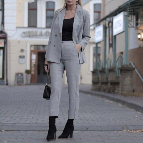 Two Piece Set Women Vintage Plaid Double-breasted Jacket Pencil Pants Office Female Sets Womens Outfits Trousers Blazer Suit