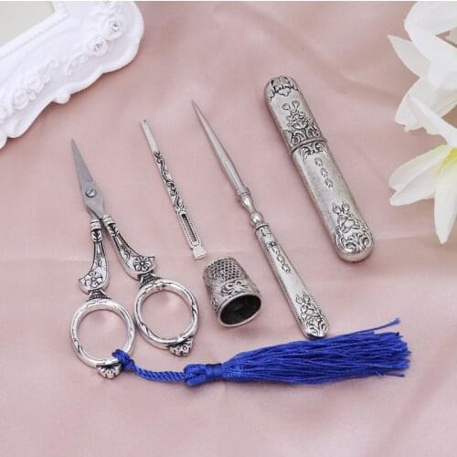 1 Set Vintage Embroidery Scissor Needle Case Sewing Thimble Awl Needlework Tools E56C