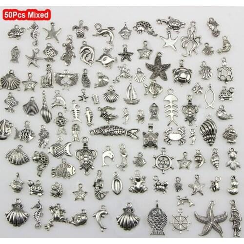 50pcs Tibetan Silver Mixed Seahorse Shell Starfish Turtle Ocean Theme Biological Charms Pendant DIY Beads Necklace Accessories