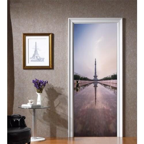 77*200cm Reflection of Iron Tower in Water Oil Paintting Wall Sticker Wallpaper Door Stickers Home Decor