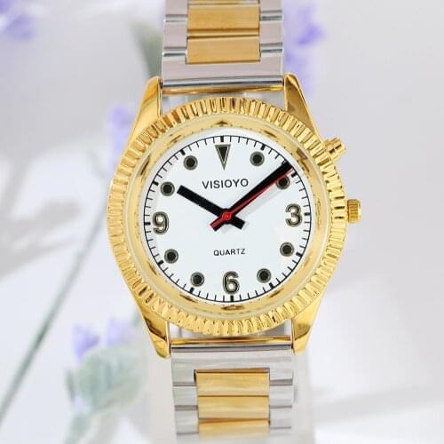 English Talking Watch with Alarm Function, Talking Date and time, White Dial, Folding Clasp, Golden Case TAG-101