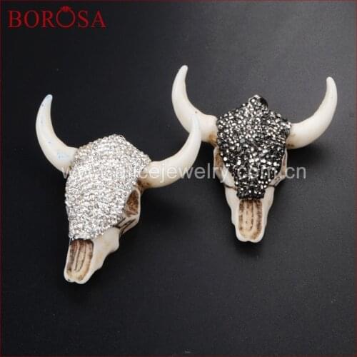 BOROSA Longhorn Resin Horn Cattle Bull Buffalo Pendant Crystal Rhinestone Pave Black White Zircon JAB338
