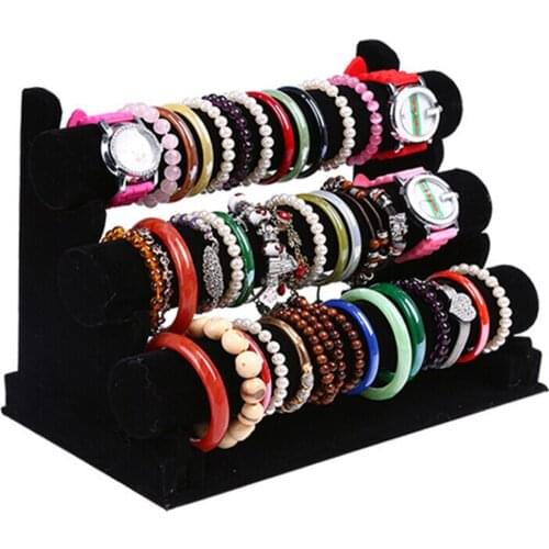 New and Fashion 3 Tier Black Velvet Bracelet Chain Watch T-Bar Rack Jewelry Organizer Hard Display Stand Holder