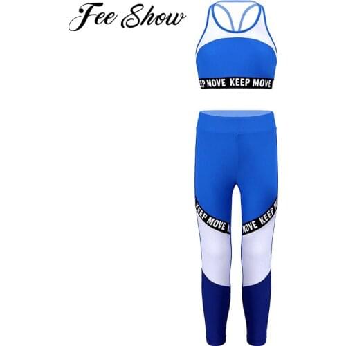 Kids Girls Sport Clothes Sportwear Sleeveless Y-shaped Hollow Back Crop Tops with Pants Set Children Patchwork Letter Print Suit