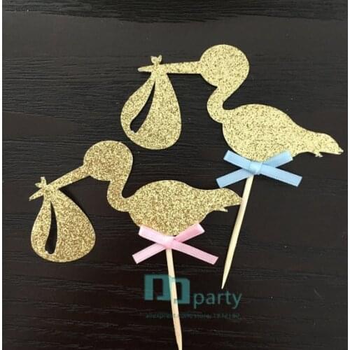 Baby Shower Cupcake Toppers - Glittery Stork Cupcake Topper, Gender Reveal Party Decor, Baby Shower Toppers, Baby Girl, Baby Boy