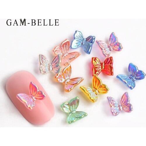 GAM-BELLE 8/10/50Pcs 3D Resin Butterfly Glitter AB Nail Art Decorations Summer Nail Polish Ornament Manicure Decals Accessories