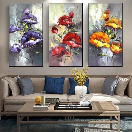 Muzagroo Art Hand Painted Red Flowers Paintings for Living Room Original Wall Art Decor 3 Panels Floral Art for Wall Home Decor