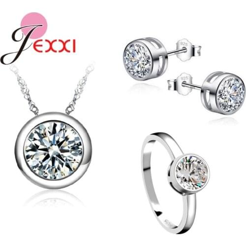 Classic Women Engagement 925 Sterling Silver Shinny CZ Wedding Necklace/Earring/Ring Jewelry Sets For Women