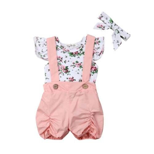 3PCS Newborn Kids Baby Girls Clothes Set Flying Sleeve Floral Tops Bodysuit+ Belt Bowknot Overalls Shorts+ Headband Outfits