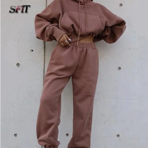 Autumn Winter Streetwear Women Joggers 2 Piece Sets Hooded Sweatshirt Pants Two Piece Set Tracksuit Fleece Outfits Sweatpants