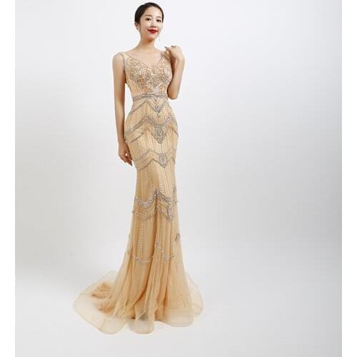 Beauty-Emily New V Neck Mermaid Evening Dresses Luxury Party Gowns for Woman High-end 2020 V Neck Beads Tulle Crystal Real Photo