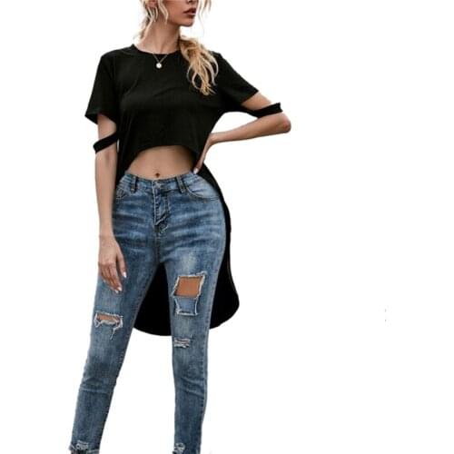 2020 Fashion Women T-Shirts Chic Short Sleeve Tees Irregular Cut Design Casual Tops Back Oversized Black Tops Femme Vestidos