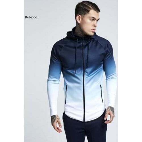 Mens Autumn and Winter Hooded Trendy Mens Sweater Hanging Dye Gradient Color Zipper Cardigan Sportswear