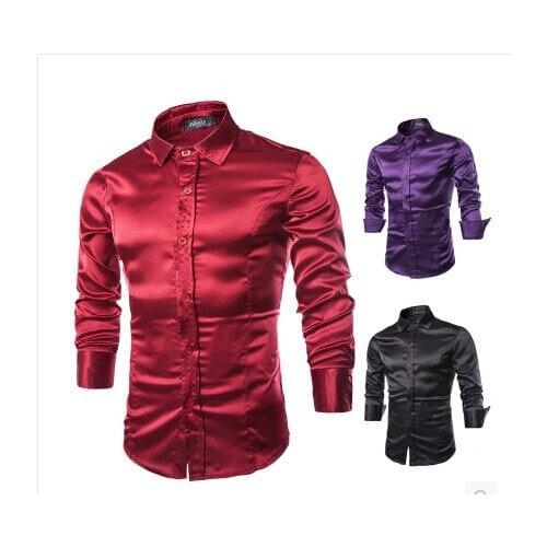 2020 New Men Dress Shirts Male Artificial Silk Casual Luxury Dress Stylish Shirt Mans Fashion Purple Black Wine Red Clothes
