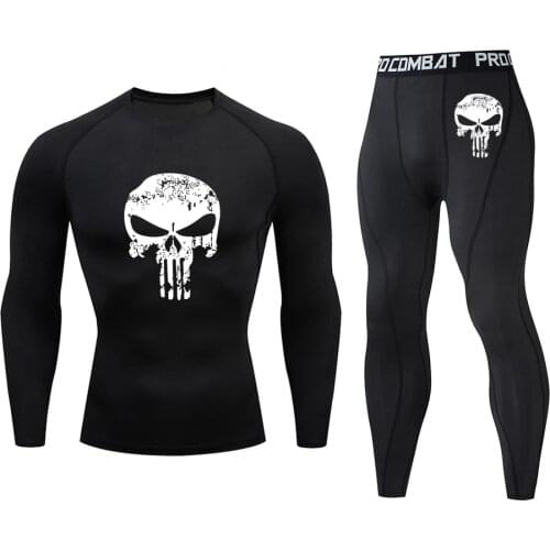 New Compression set MMA Long Sleeve T-shirt Mens Tight Pants Fitness Bodybuilding Clothes Skull Top Rashguard Sport Suit Male