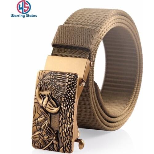 [Warring States] New Adjustable Nylon Belt Toothless Bronze Eagle Head Pattern Automatic Buckle Mens Casual Belt
