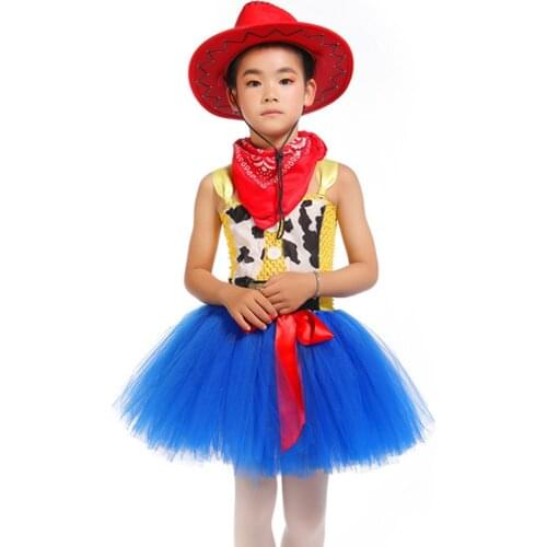 Casual Cartoon Character Sherif Woody Cosplay Tutu Dress for Girls Kids Fluffy Knee Length Movie Cowboy Dress Costumes with Hat