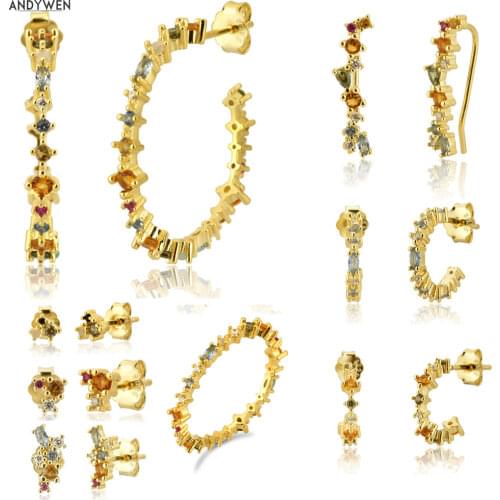 ANDYWEN 100% 925 Sterling Silver Rainbow Zircon CZ Big Hoops Circle Earring Round Piercing Pendiente Climber European Jewelry