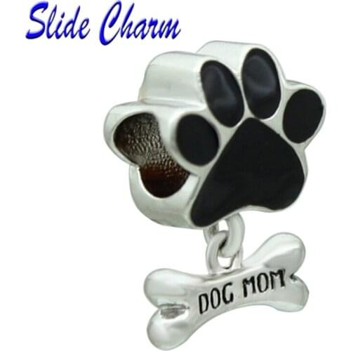 Slide charm free shipping DIY beads White enamel charm beads puppy footprints fit Pandora bracelet necklace
