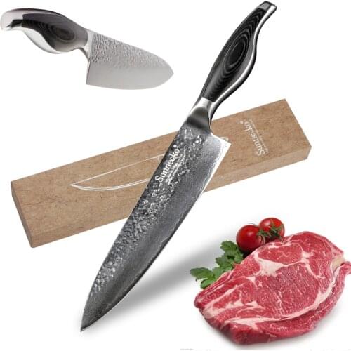 SUNNECKO Chef Knife Japanese Damascus Steel Hammer pattern Kitchen Knives Pakka Wood Handle Sharp Blade 60HRC 8" Cutter Tools