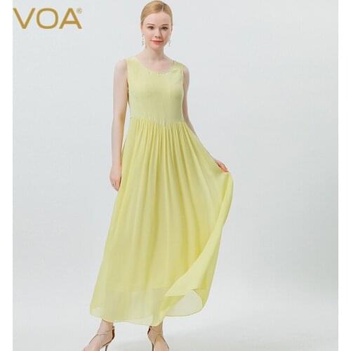 VOA Silk Light Yellow Crewneck Sleeveless Party Dresses AE913 Georgette Double Stitching Large Elegant Summer Womens Dress 2021