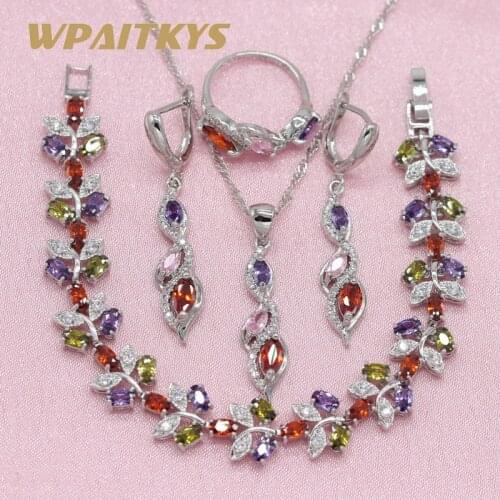 Silver Color Jewelry Sets For Women Party Multicolor Cubic Zirconia Earring Pendant Necklace Ring Bracelet Free Jewelry Box