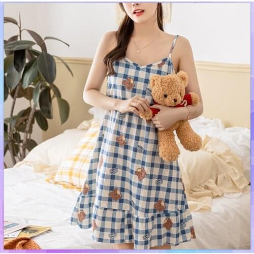 Cartoon Print Dress Women Sexy Sleepwear Lingerie Cute Nightdress Strap Cotton Nightwear Female Underwear Nighty Home Clothes
