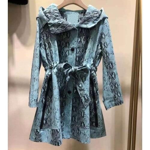 Hooded Trench Coats 2021 Autumn Winter Fashion Style Women Vintage Prints Bow Belt Deco Long Sleeve Casual Yellow Blue Long Coat